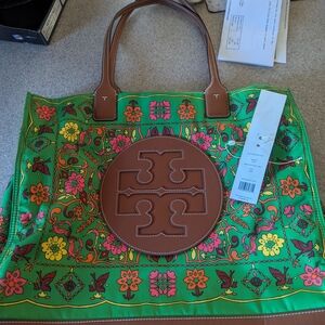Tory Burch Floral Green and Brown Tote